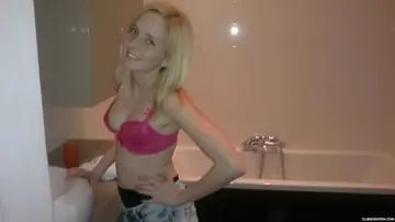 Tall European Blonde Strips Out of Her Jeans in the Bathroom