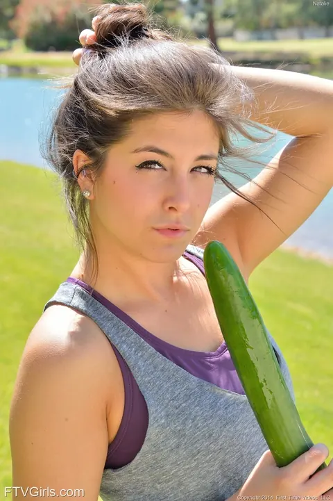 Natalie Monroe: Petite Slim Brunette Masturbates with a Cucumber in the Gym – photo 17 of 20