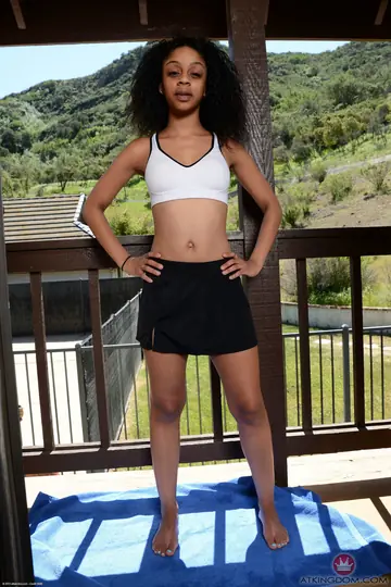 Petite Ebony Brunette Strips Nude and Spreads Wide
