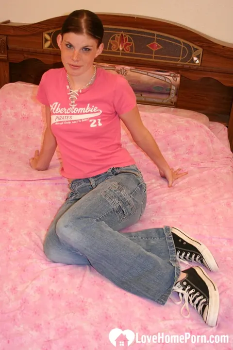 Holly Lane: Petite Brunette Strips Out of Her Jeans on the Bed – photo 1 of 21