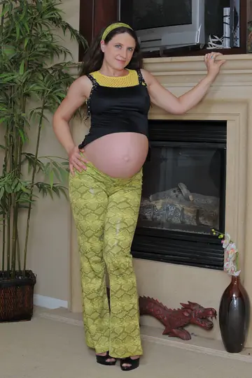 Pregnant Brunette Spreads Her Hairy Pussy and Asshole