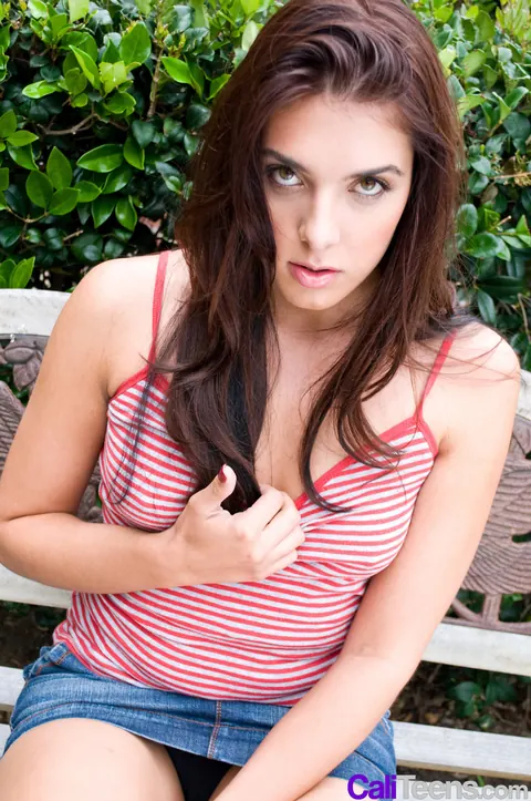 Eva Malone: Brunette Flashes Her Tits and Spreads Her Shaved Pussy Outdoors – photo 2 of 16