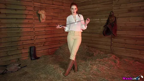 Alexa Red: Busty Redhead in Lingerie and Boots Strips in a Forest Horse Stall – photo 1 of 16