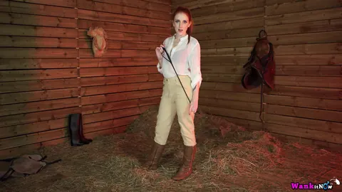 Alexa Red: Busty Redhead in Lingerie and Boots Strips in a Forest Horse Stall – photo 2 of 16