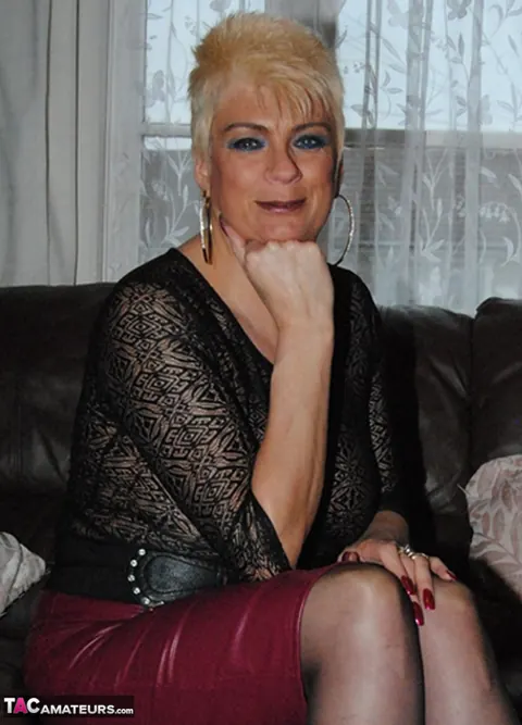 BBW MILF in a Leather Skirt and Stockings Spreads Wide – photo 16 of 18