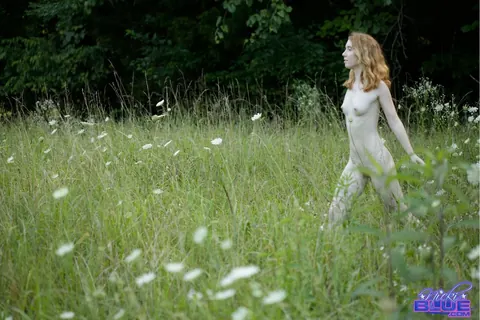 Nicki Blue: Redhead with Big Enhanced Tits Poses Nude in an Overgrown Field – photo 2 of 15