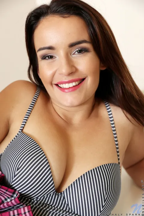 Nathaly Spark: Brunette with Natural Tits Spreads in a Skirt and Stockings – photo 10 of 21