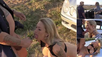 Tattooed Blonde with Big Tits Kneels for Outdoor Anal and a Cumshot