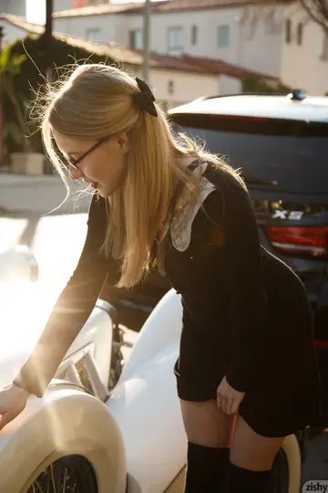 Petite Blonde in Glasses Flashes Red Panties by a Car