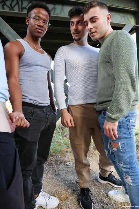 Interracial Men Kiss and Fuck Bareback in a Group – photo 6 of 21