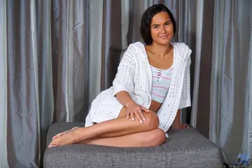 British PAWG in Shorts Strips and Fingers Her Pussy