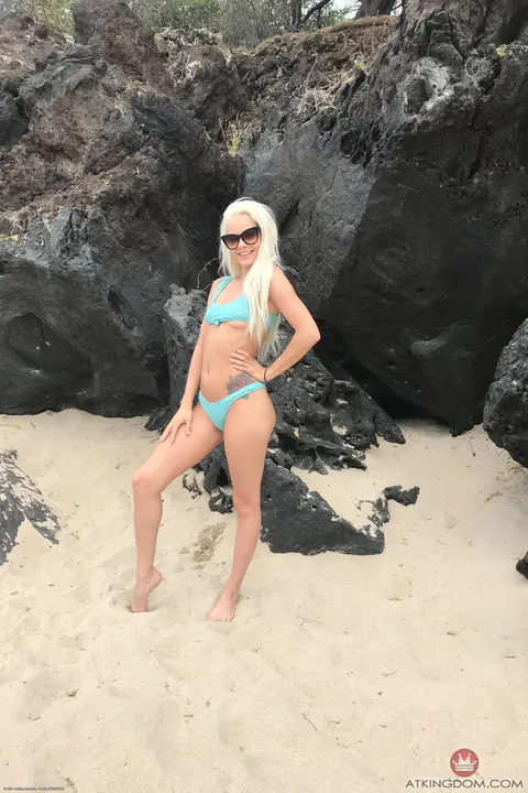 Elsa Jean: Petite Blonde in a Bikini Strips and Spreads Outdoors – photo 14 of 20
