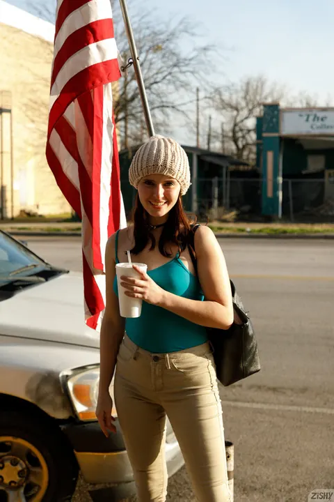Dorothy Channing: Brunette Amateur Flashes Her Tits and Ass by the Car – photo 11 of 13