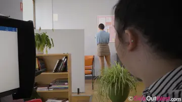 Two Tall Women Kiss and Lick Pussy in the Office