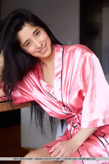 Brunette Strips Off Her Satin Robe and Spreads Her Shaved Pussy