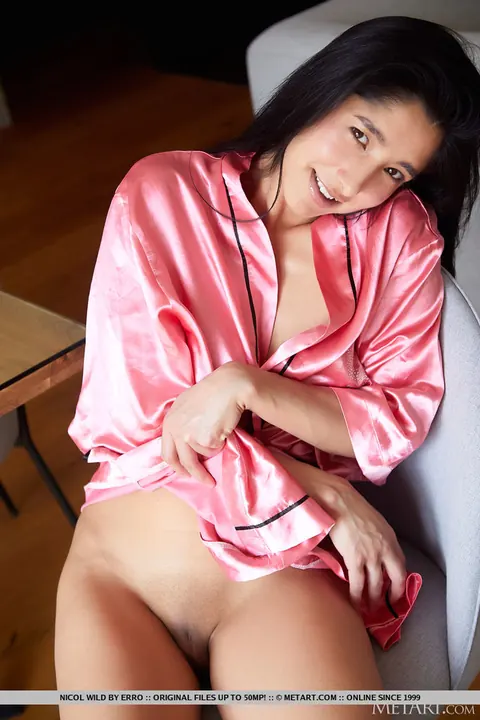 Wild Nicol: Brunette Strips Off Her Satin Robe and Spreads Her Shaved Pussy – photo 3 of 18