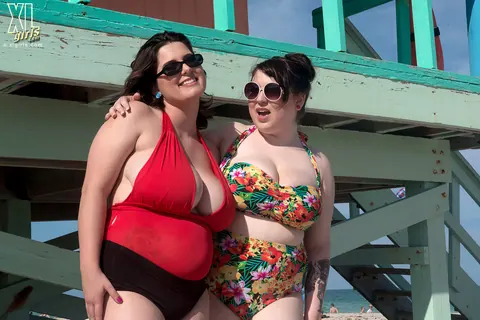 Alana Lace: Mature Curvy Lesbians Kiss and Flash Their Big Tits on the Beach – photo 13 of 16