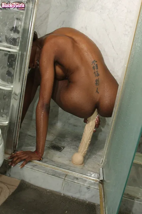 Ebony Trans MILF Masturbates with a Dildo in the Bathroom – photo 9 of 16