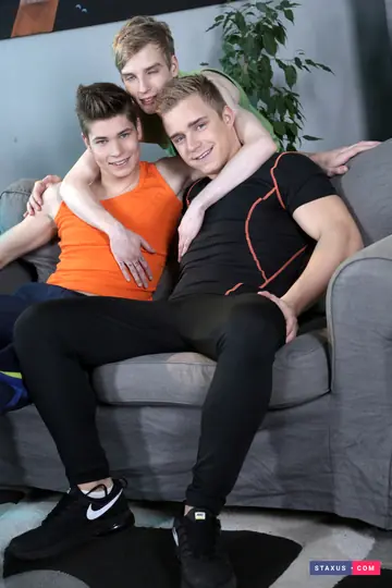 Three Men Kiss, Suck and Fuck on the Sofa