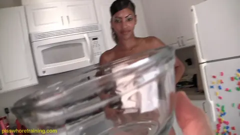 Ebony Woman Spreads Her Shaved Pussy and Pisses in the Kitchen – photo 11 of 15