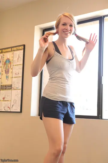 Thick Blonde in Pigtails Flashes Her Tits and Cameltoe in the Gym Shorts