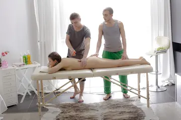 Woman Gets Oiled Massage and Threesome Anal