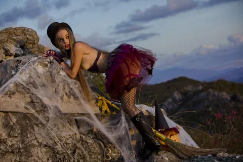 Milena D: Blonde in Cosplay Costume and Boots Spreads Outdoors – photo 7 of 14