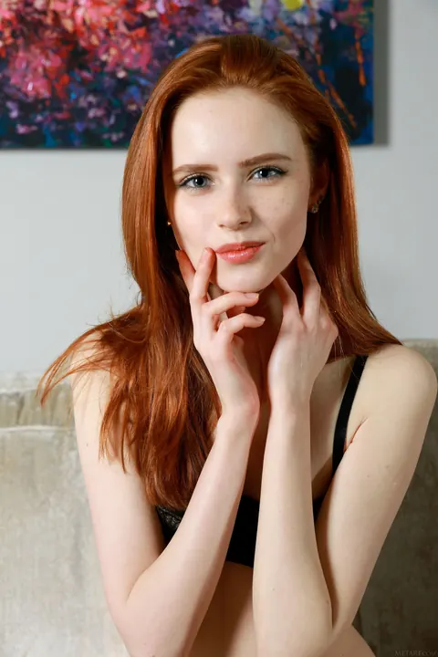 Bella Milano: Slim Russian Redhead Spreads Her Pussy on the Sofa in Lingerie – photo 2 of 20