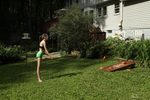 Aria Haze: Skinny Brunette in Shorts Masturbates with a Dildo Outdoors – photo 1 of 16