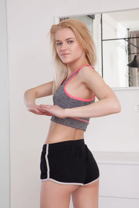 Kira Angel: Petite Blonde Spreads Her Pussy in the Gym – photo 1 of 21