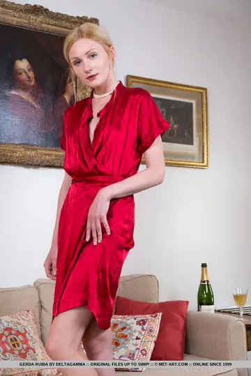 Leggy Blonde Strips Out of Her Red Dress and Heels to Spread