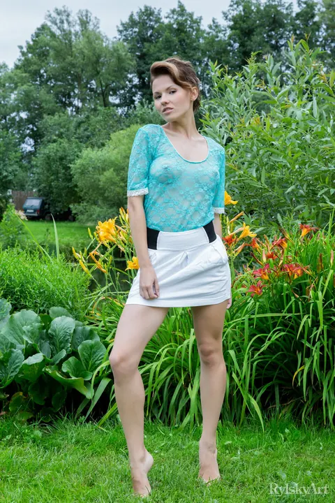 Woman with Big Tits Spreads in a Skirt Outdoors – photo 2 of 16