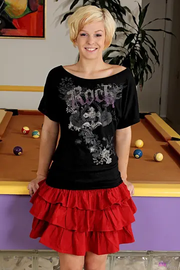 Slim Short-Haired Blonde Pulls Her Panties Aside and Spreads