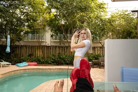 Bri Klein: Thick Blonde Rides and Sucks Cock in Shorts by the Pool – photo 3 of 21