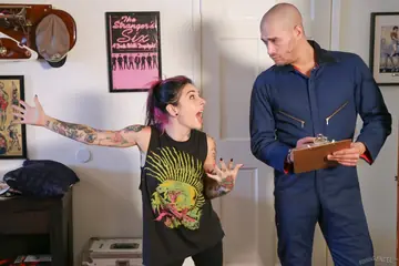 Tattooed Brunette in Pigtails and Socks Blows Her Partner and Rides His Cock