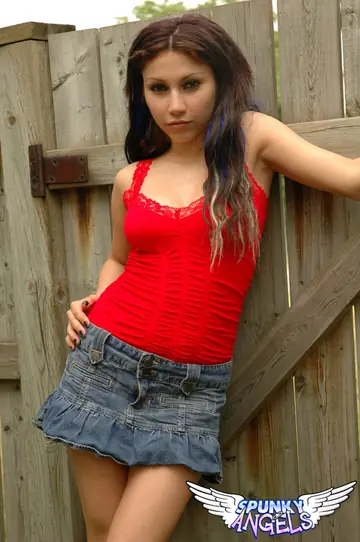 Angel Button – Slim Brazilian Brunette Flashes Panties and Bares Her Tits Outdoors in a Skirt