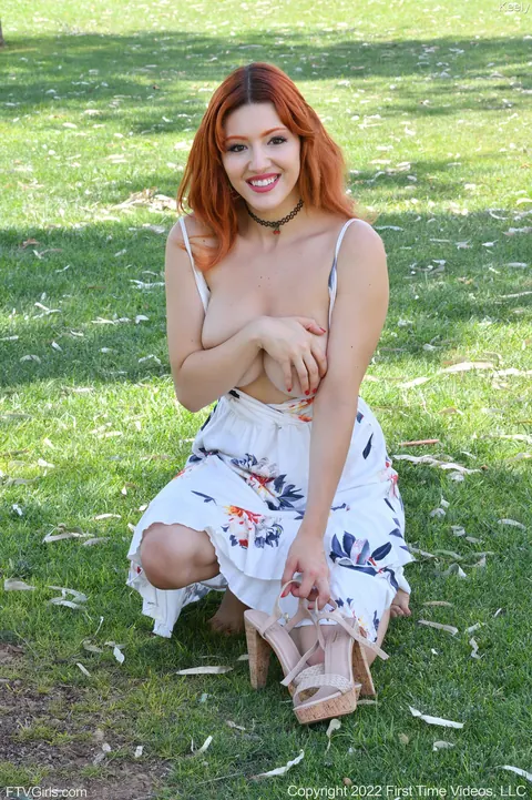 Redhead Flashes Her Big Natural Tits and Pussy in Public – photo 17 of 21