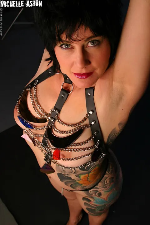 Michelle Aston: Busty Brunette MILF Spreads in a Leather Thong – photo 11 of 15
