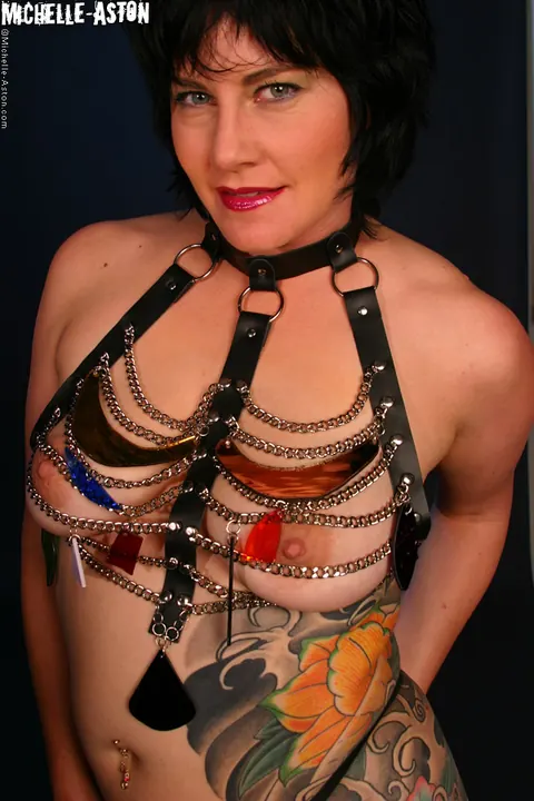 Michelle Aston: Busty Brunette MILF Spreads in a Leather Thong – photo 5 of 15