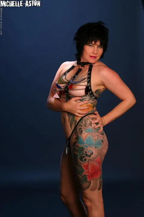Michelle Aston: Busty Brunette MILF Spreads in a Leather Thong – photo 3 of 15