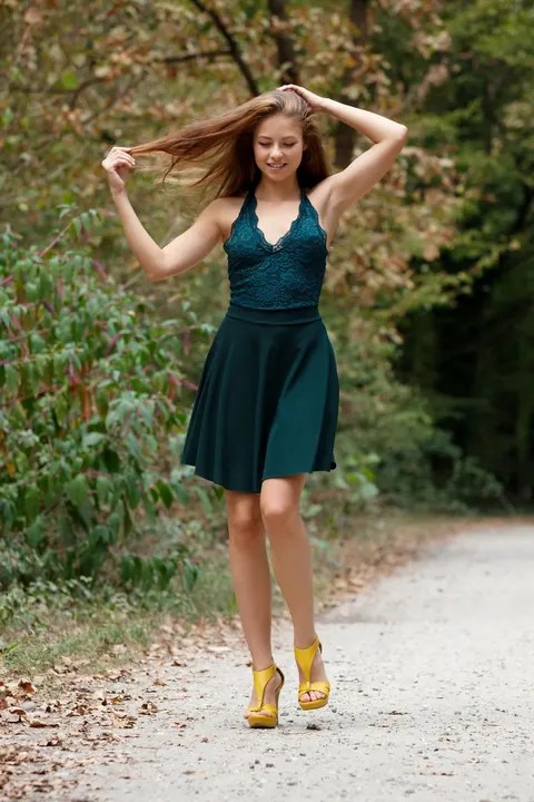 Hilary C: Busty Brunette Poses in a Green Dress Outdoors – photo 9 of 10