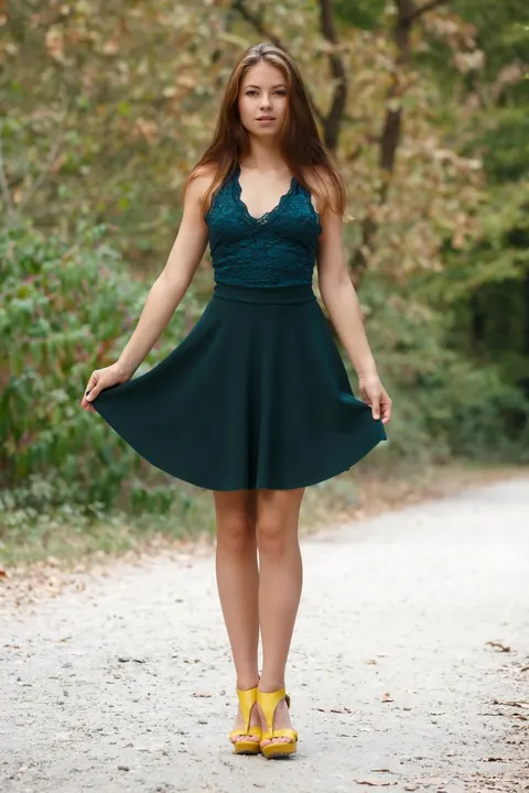 Hilary C: Busty Brunette Poses in a Green Dress Outdoors – photo 10 of 10