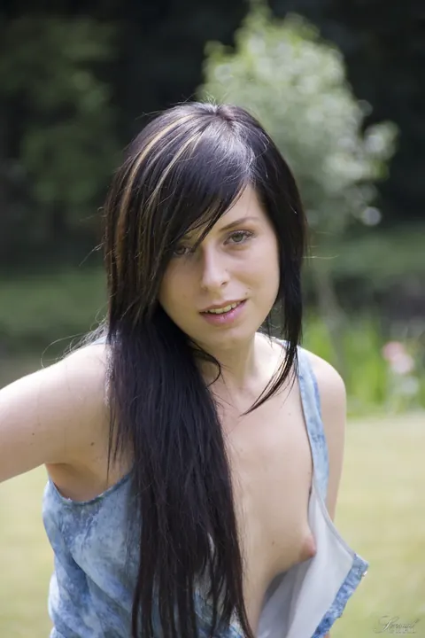 Daniela Rose: Slim Brunette Spreads Her Shaved Pussy Outdoors on a Swing – photo 12 of 17