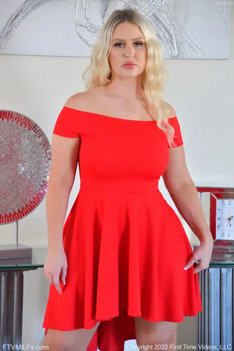 Jenna Star: Curvy Blonde MILF in a Red Dress Spreads Her Shaved Pussy – photo 5 of 20