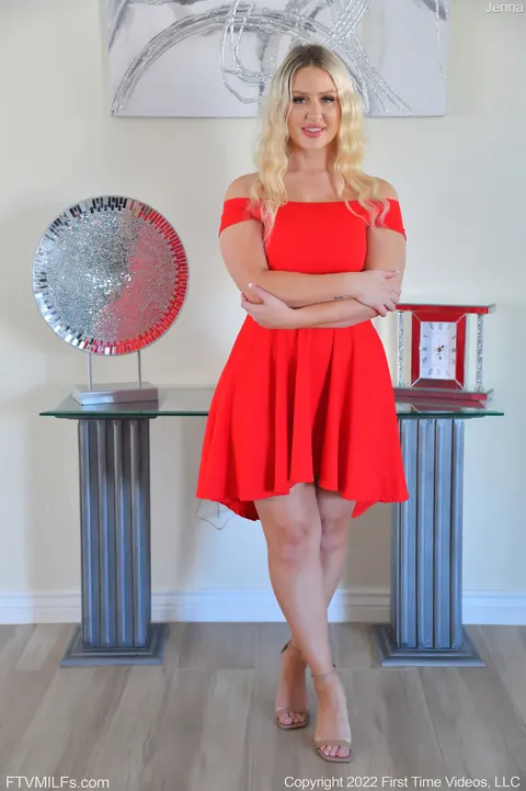 Jenna Star: Curvy Blonde MILF in a Red Dress Spreads Her Shaved Pussy – photo 2 of 20