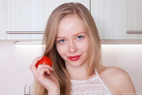 Pale Hairy Woman Fingers Her Bushy Pussy in the Kitchen – photo 2 of 21
