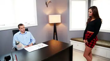 Brunette Gives a Handjob Then Rides Cowgirl in the Office