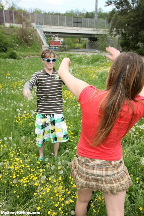 Bella E: Blonde in a Skirt Sucks and Fucks Outdoors – photo 2 of 15