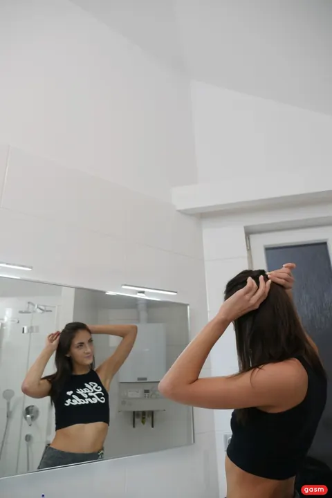 Miky Love: Tall European Brunette Undresses and Fucks Her Man Standing – photo 7 of 15