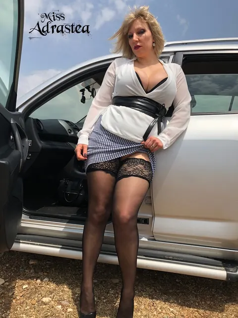 Miss Adrastea: Blonde MILF in Stockings Spreads Outdoors by a Car – photo 5 of 15